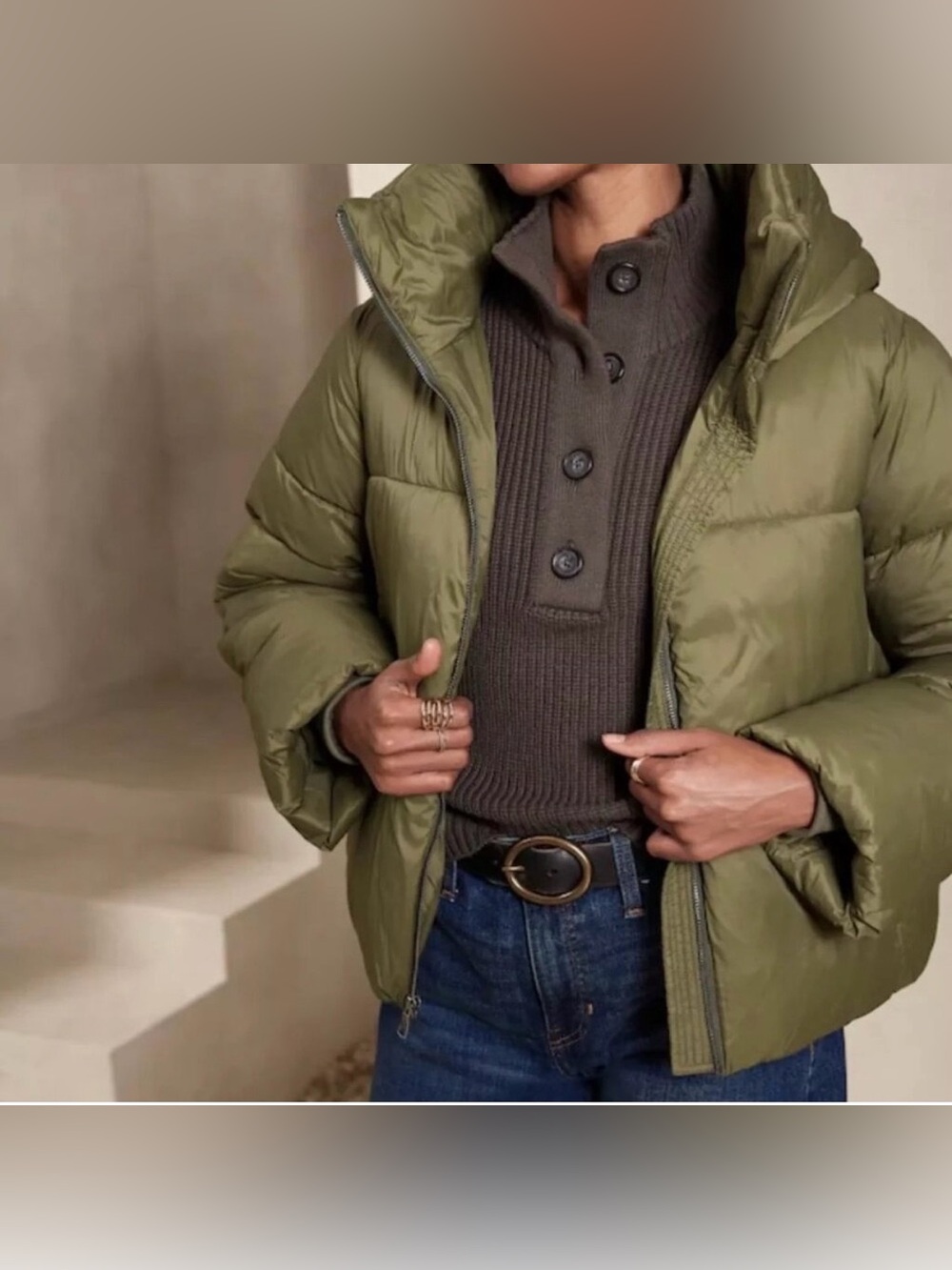 Banana Republic Olive/Khaki Green Puffer Coat with removable Hood women’s size L